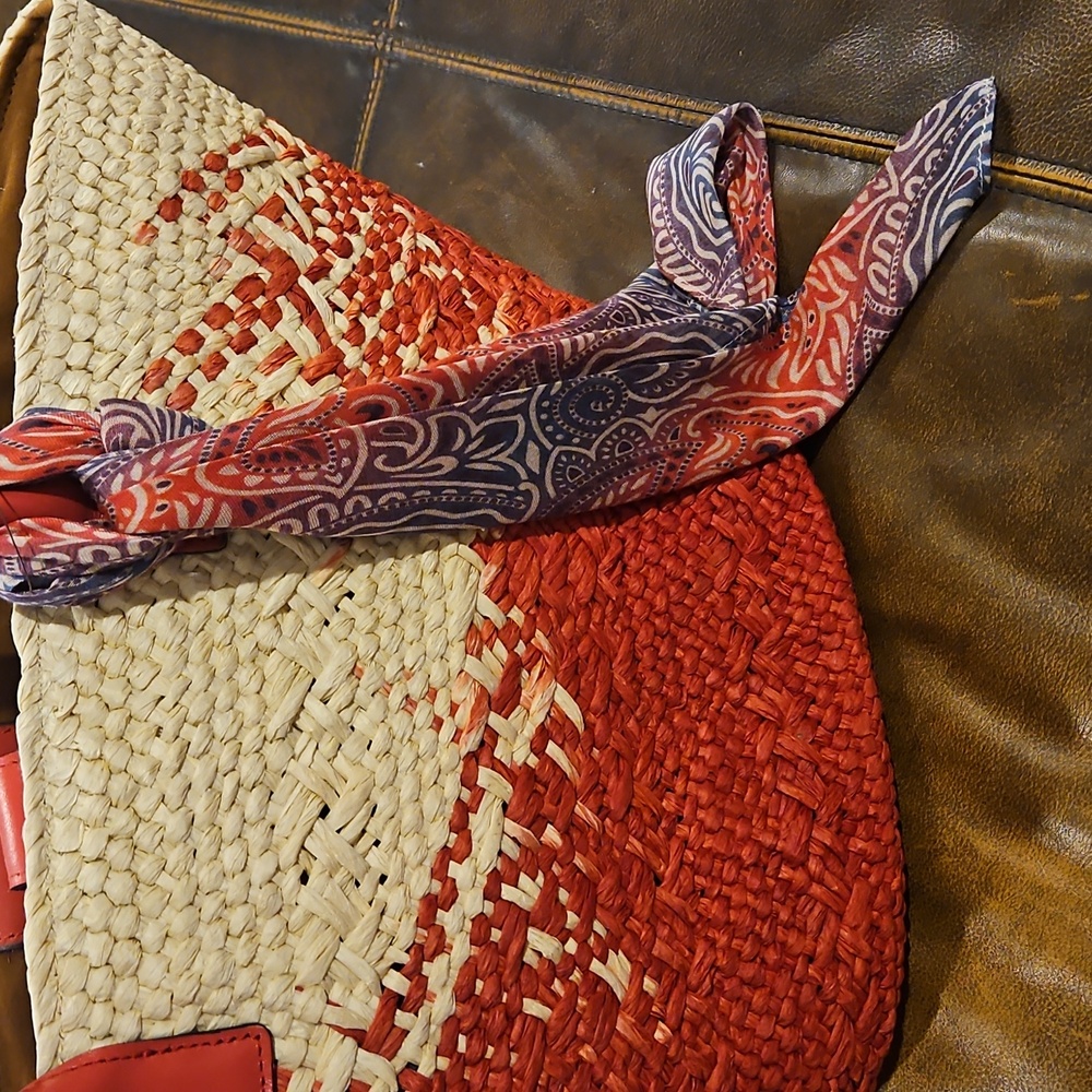 Patricia Nash Calypso Woven Straw/Leather Tote W/Scarf: Passion/Natural - Picture 9 of 11